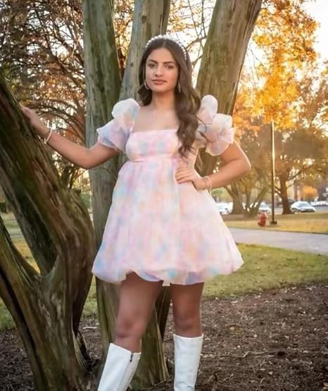 Mesh Tulle Dress for Women Puff Sleeve Mini Princess Dress Square Neck Prom Short Party Dress